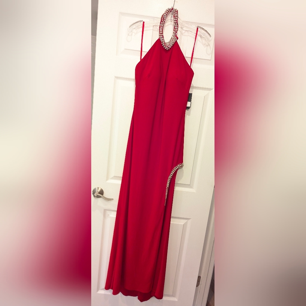 NWT Ieena For Mac Duggal Red Halter high slit long maxi dress rhinestone gown 8 - Picture 4 of 16